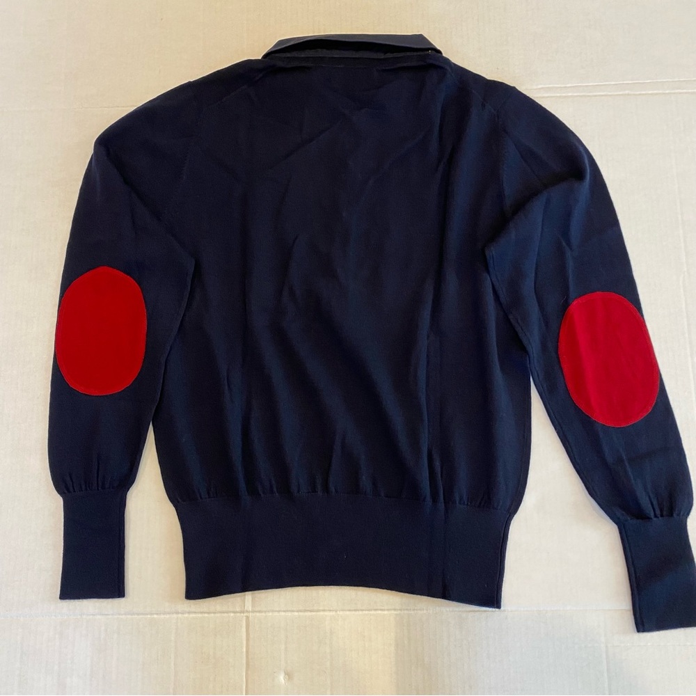 Boast navy blue long sleeve 3 button sweater red elbow patches cotton collar M - Picture 5 of 7